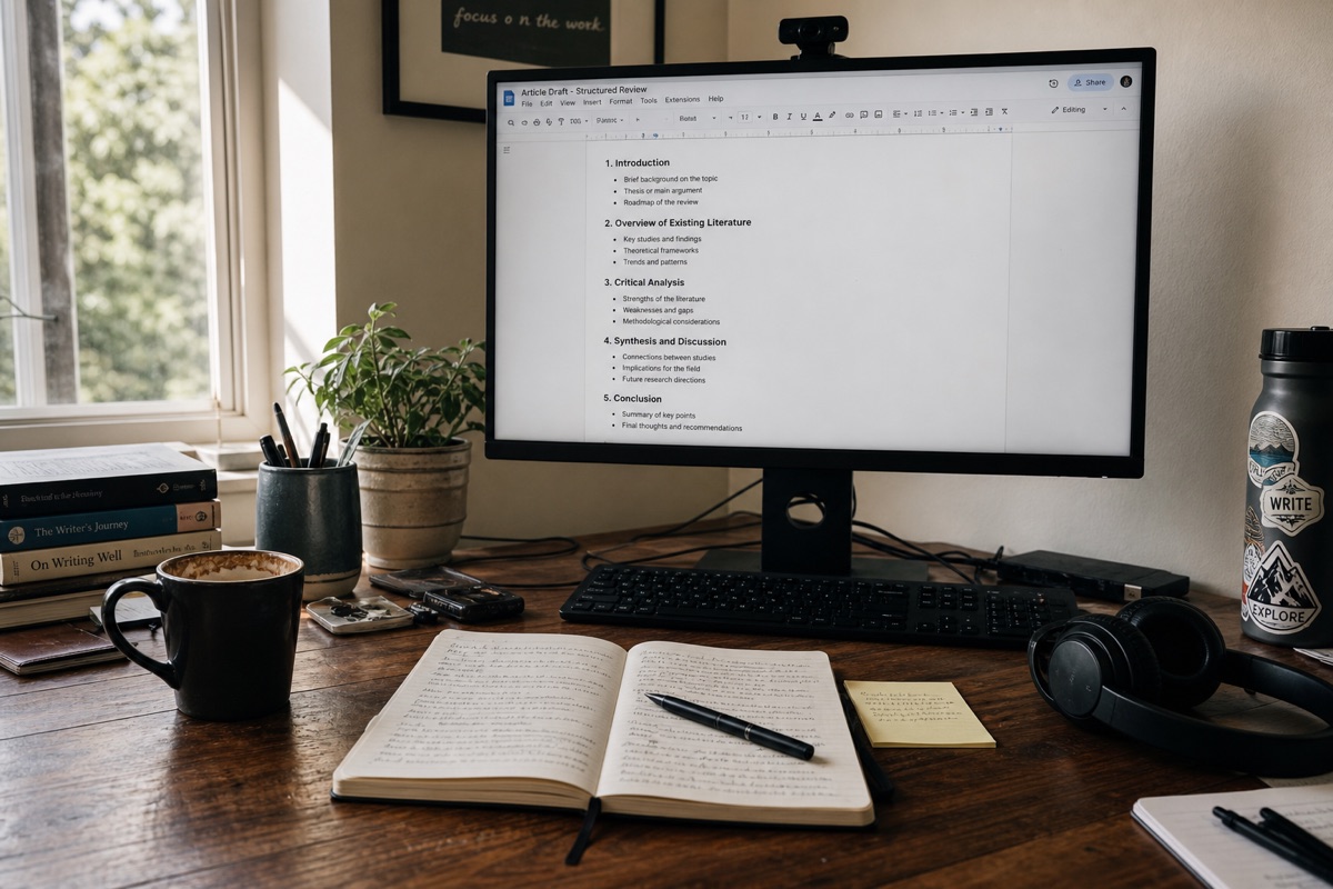 Work desk with computer, notebooks, and coffee mug