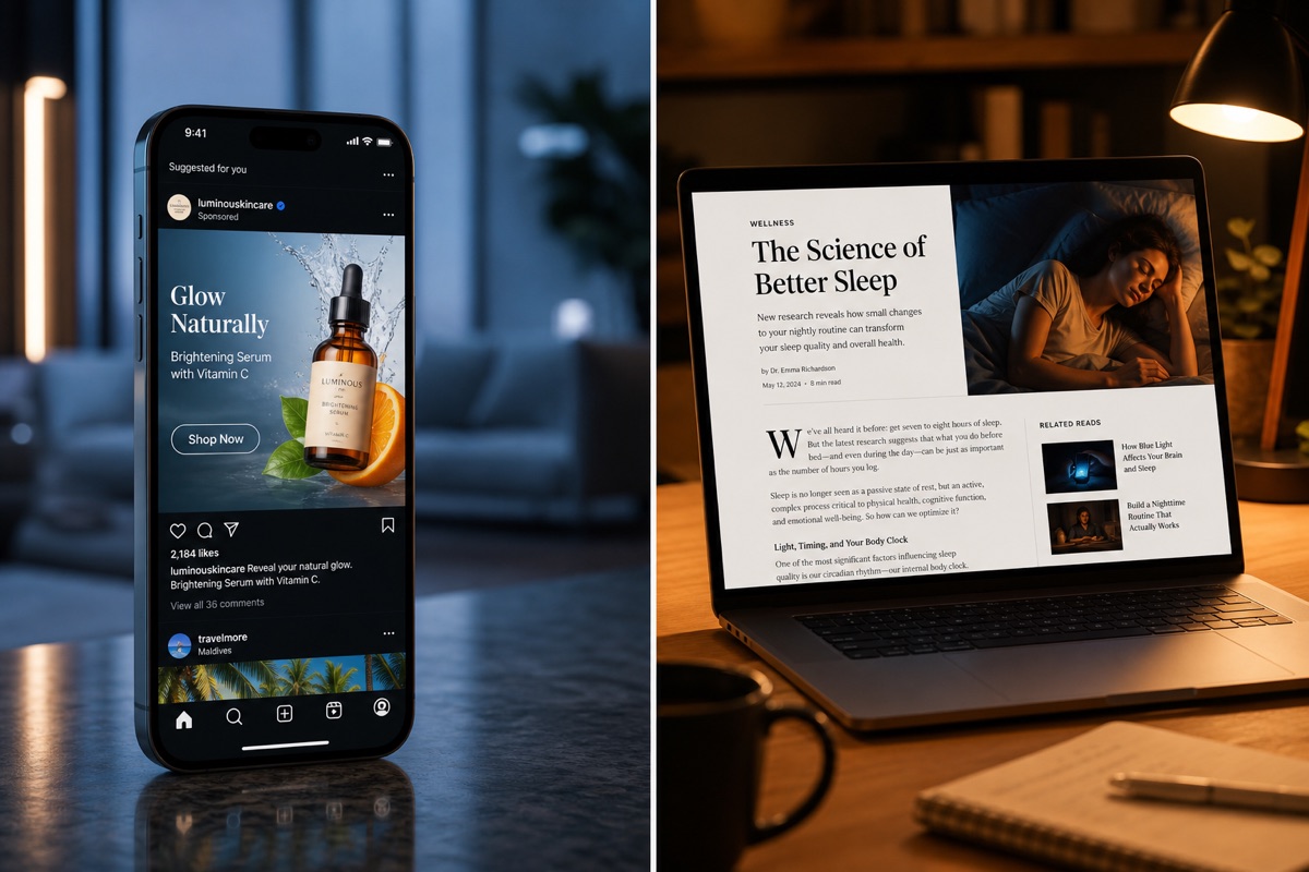Smartphone ad for serum and laptop article on sleep science.