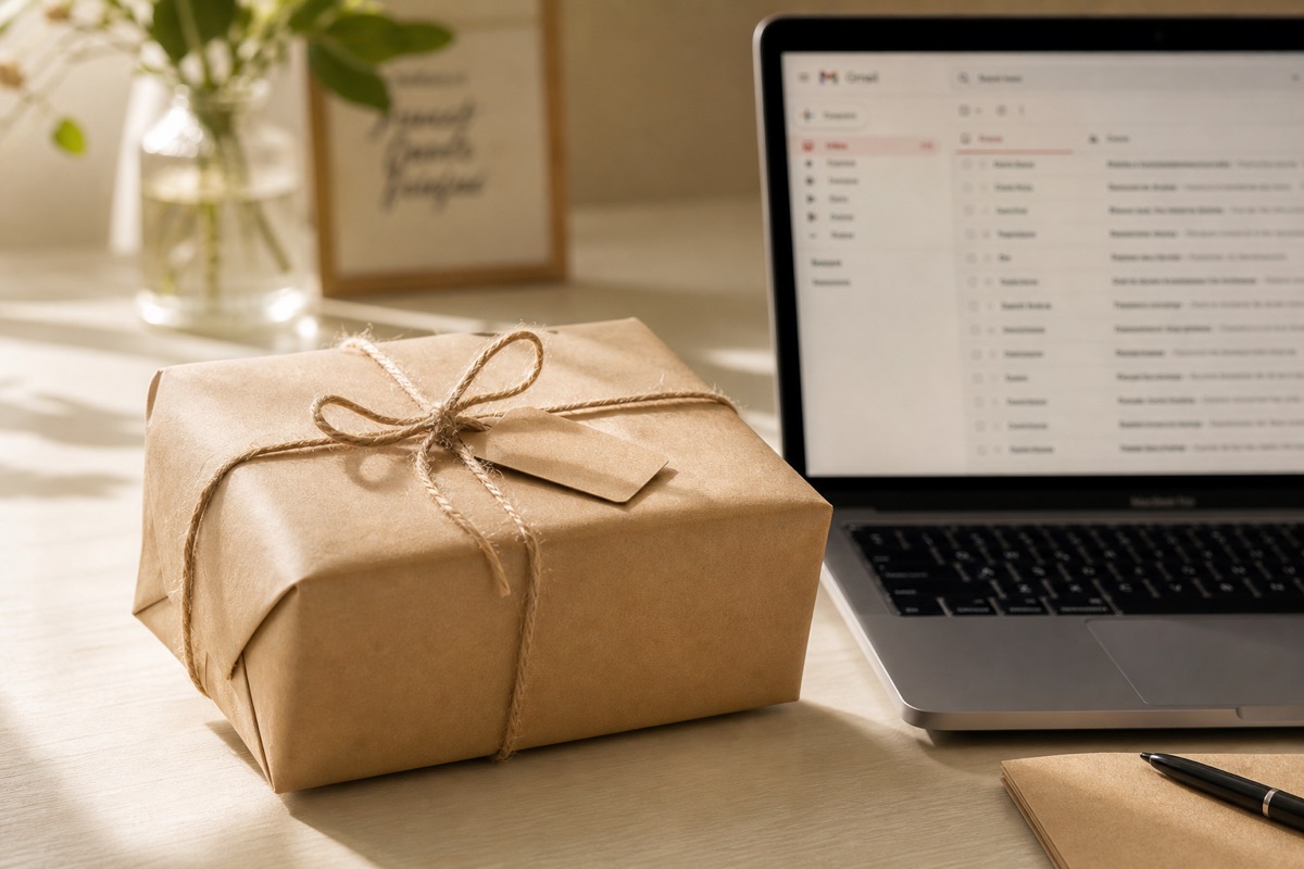 Brown package and laptop on a sunlit desk.