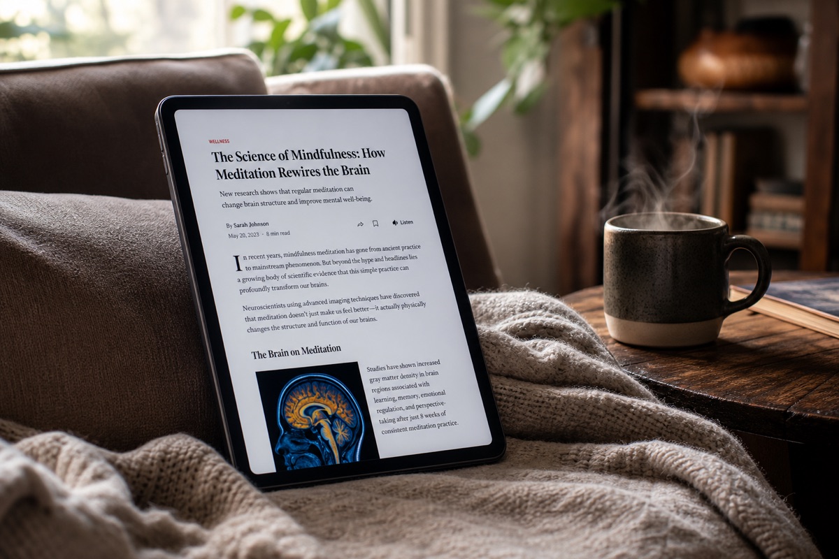 Tablet displaying an article on mindfulness beside a coffee mug.