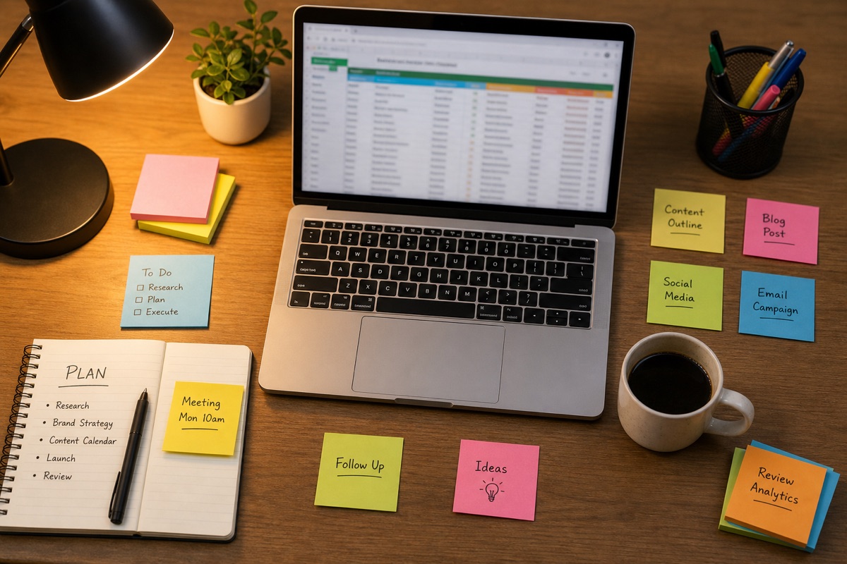 Organized workspace with laptop, notebook, and sticky notes.