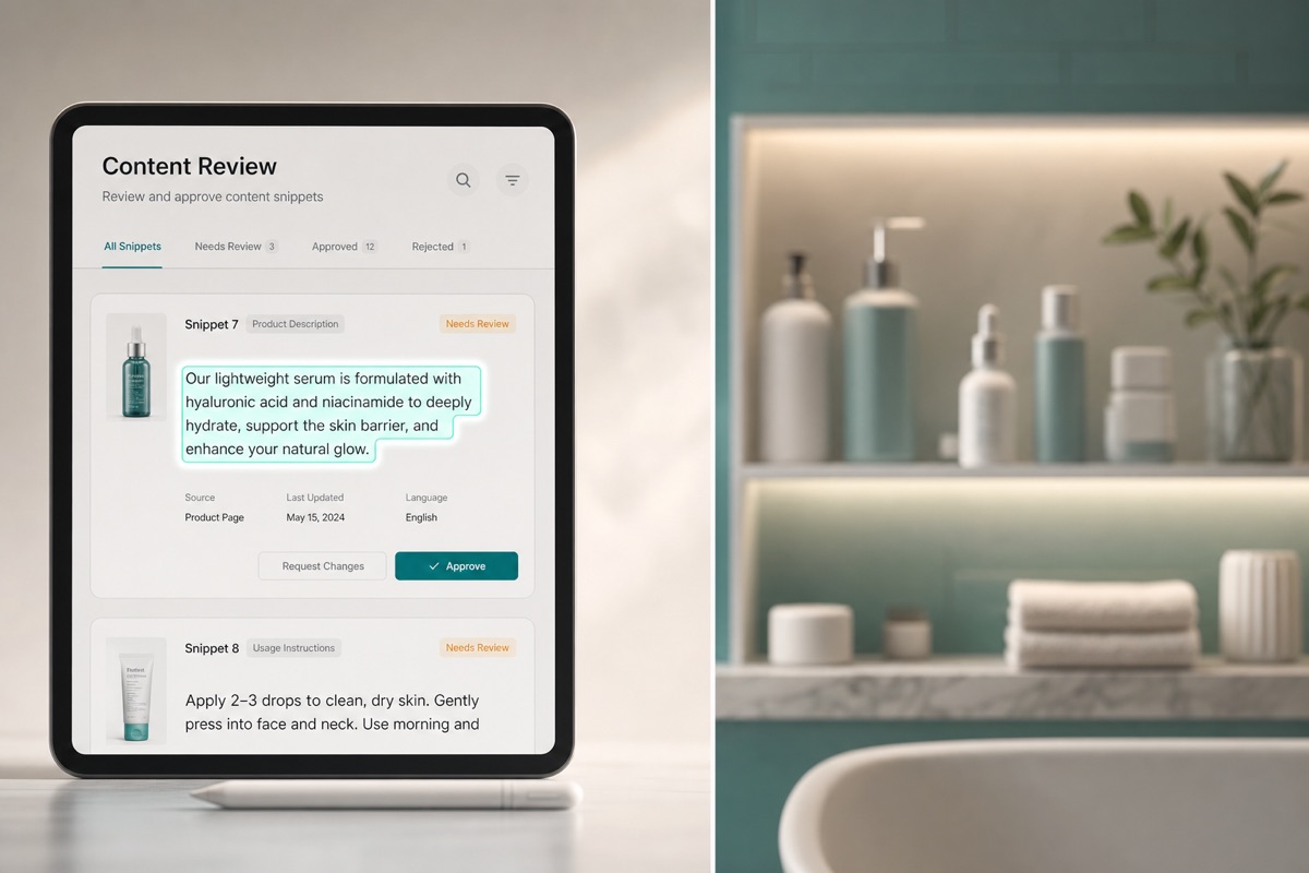 Tablet displaying content review for skincare product.